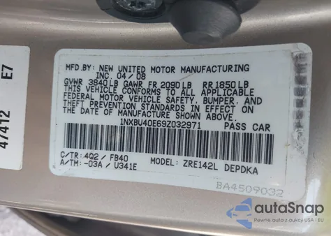 2009 Toyota Corolla Le z USA, uszkodzony, nr VIN 1NXBU40E69Z032971